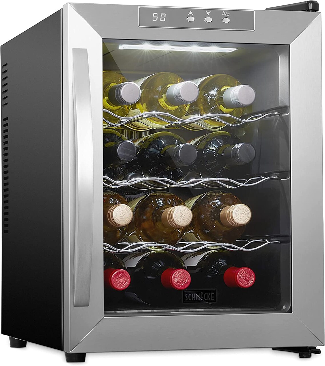 Schmecke 12-Bottle Thermoelectric Wine Cooler, Stainless Steel Freestanding Wine Fridge